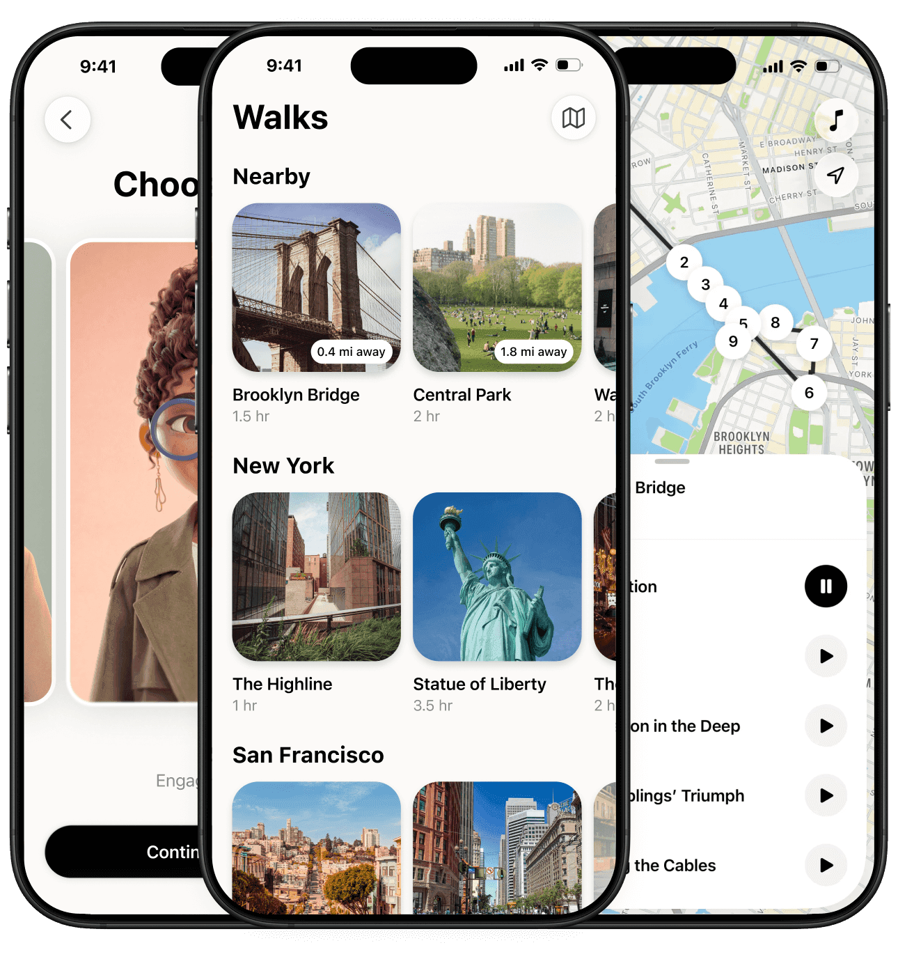Walk app interface showing walks list, onboarding, and map view